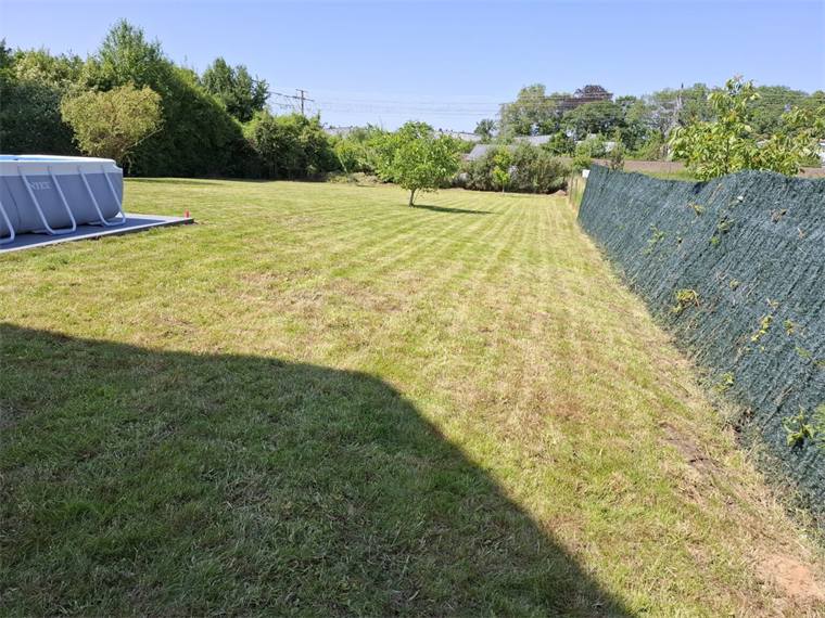 Gemaaide tuin met maailijnen langs een groen scherm