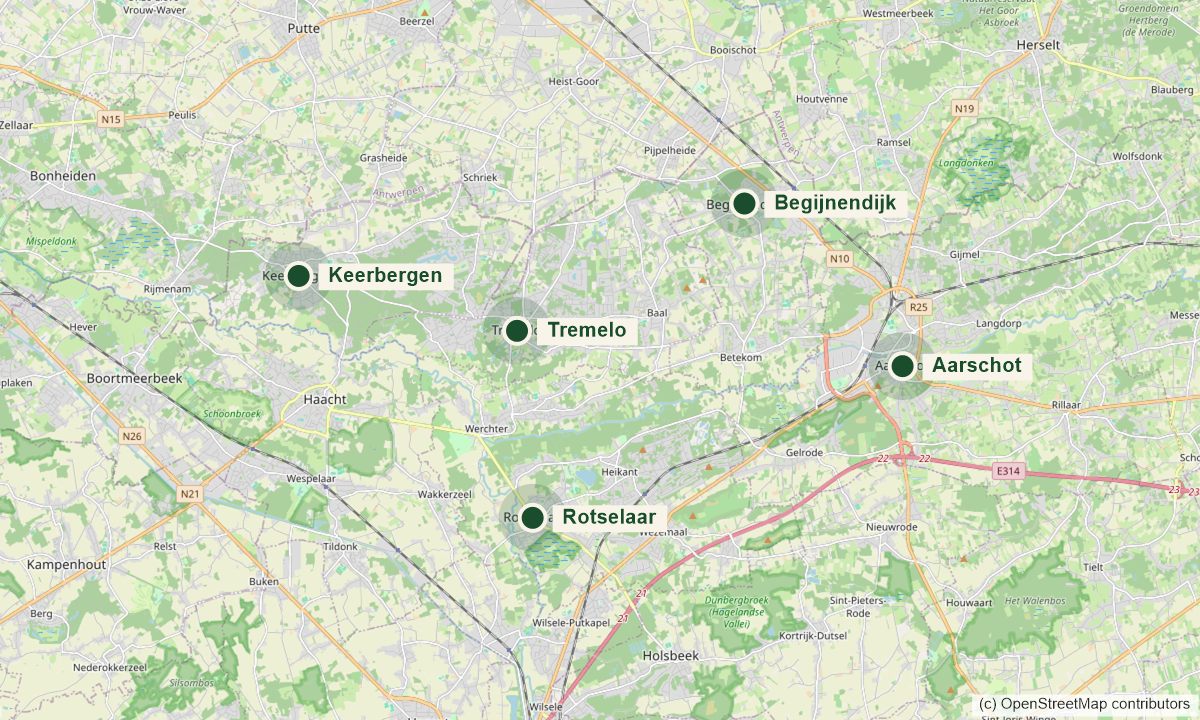 Kaart met Tremelo, Aarschot, Begijnendijk, Rotselaar en Keerbergen